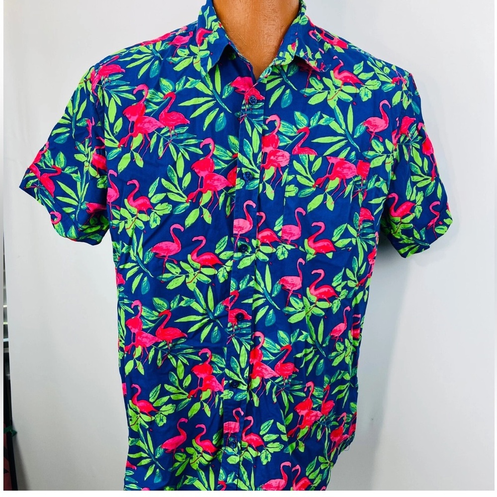 Joe Marlin Hawaiian Tropical XL Shirt Flamingos Palm Leaves Tapered Fit men’s
